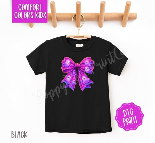 Kids Neon Ghost Bow Shirt Comfort Colors, Trendy Halloween Kid Tee