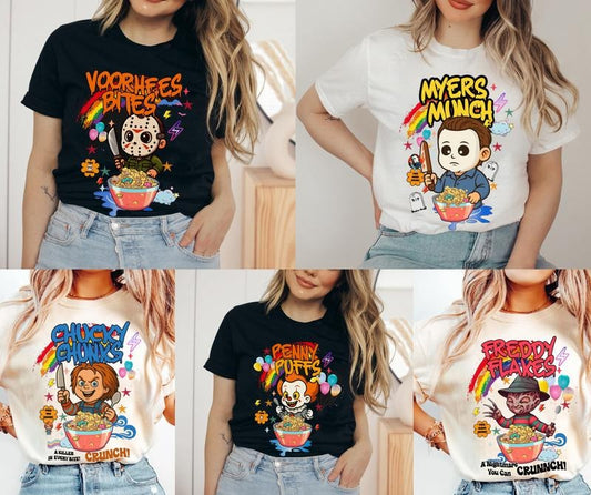 Killer Cereal Halloween T-Shirt, Horror Breakfast Tee Shirt, Funny Characters Scary Movies Shirt, Halloween Movies Tee Shirt