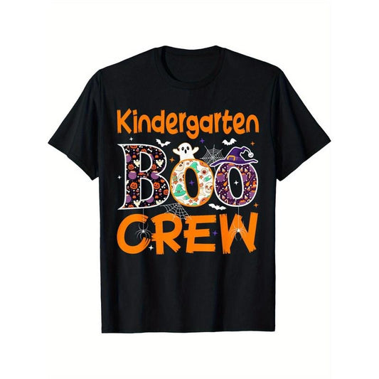 Kindergarten Boo Crew Halloween T-Shirt - Cotton Knit, Geometric Pattern, Casual Short Sleeve, Round Neck, Regular Fit, Digital Print, Soft Fabric, for Adults - Mature Style for Daily & Leisure Wear Made in USA