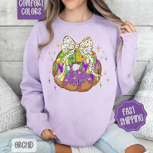 King Cake Comfort Colors Sweatshirt, Mardi Gras Women's Crewneck, Holiday Women's Sweater