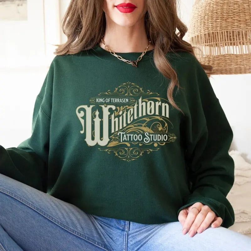 King Of Terrasen Sweatshirt, Whitethorn Tattoo Studio Hoodie, Rowan Throne of Glass Sarah J Maas Merch, SJM Merch, Acotar Shirt, Bookish Merch, Manon Blackbeak The Thirteen Unisex Soft Comfort Crewneck Pullover Long Sleeves Graphic Fabric Sweater