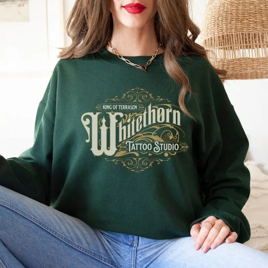 King Of Terrasen Sweatshirt, Whitethorn Tattoo Studio Hoodie, Rowan Throne of Glass Sarah J Maas Merch, SJM Merch, Acotar Shirt, Bookish Merch, Manon Blackbeak The Thirteen Unisex Soft Comfort Crewneck Pullover Long Sleeves Graphic Fabric Sweater