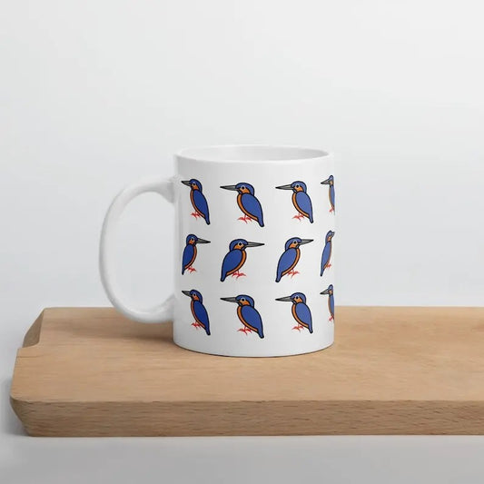 Kingfisher Glossy Ceramic Bird Mug - Coffee Mug with Repeated Pattern - 11oz 15oz