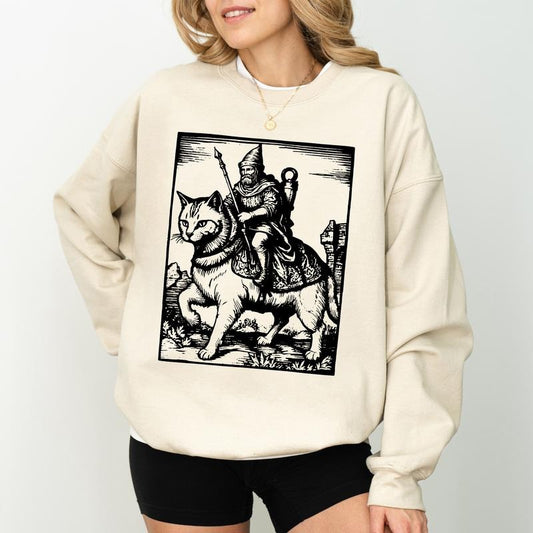 Knight Riding Cat Sweatshirt, Funny Meme Knight Kitten Pullover, Vintage Dark Art Tops, Cute Cat Lover Gifts, Cat Mom Crewneck, Soft Cotton Womenswear