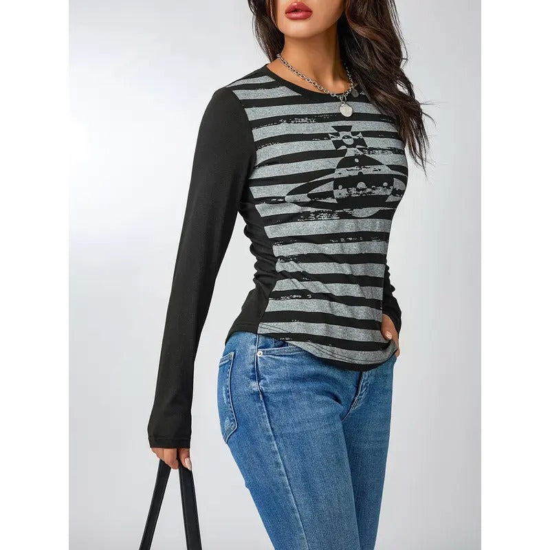 Female Casual Tops, Striped Round Neck Long Sleeve Pullover Blouse for Spring Autumn, S/M/L Breathable Polyester...