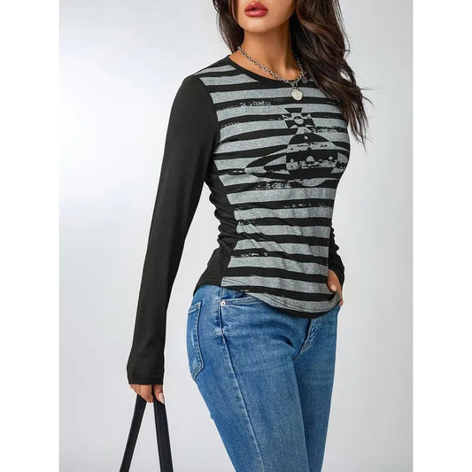 Female Casual Tops, Striped Round Neck Long Sleeve Pullover Blouse for Spring Autumn, S/M/L Breathable Polyester...