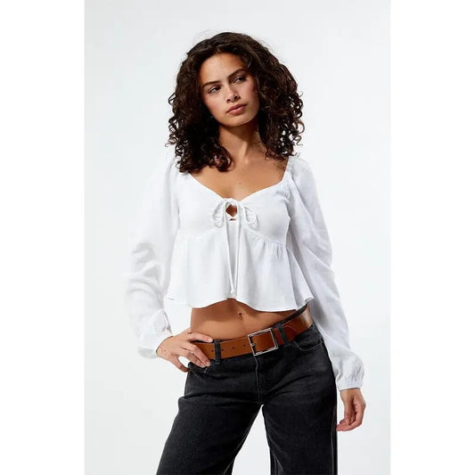 LA Hearts Women's Long Sleeve Keyhole Linen Babydoll Top