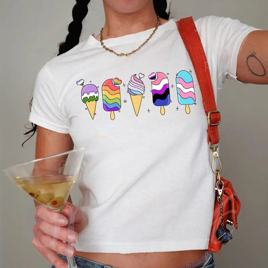 LGBTQ Ice Cream Y2K Baby Tee, Pride Month , Subtle Gay Shirt, Rainbow LGBTQ Shirt, Lesbian Pride Trendy Shirt, Aesthetic Shirt
