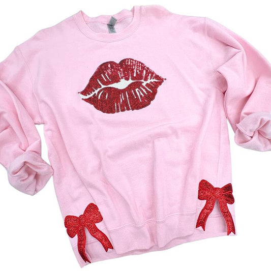 LIPS Glitter Red Bow Side Patch Sweatshirt