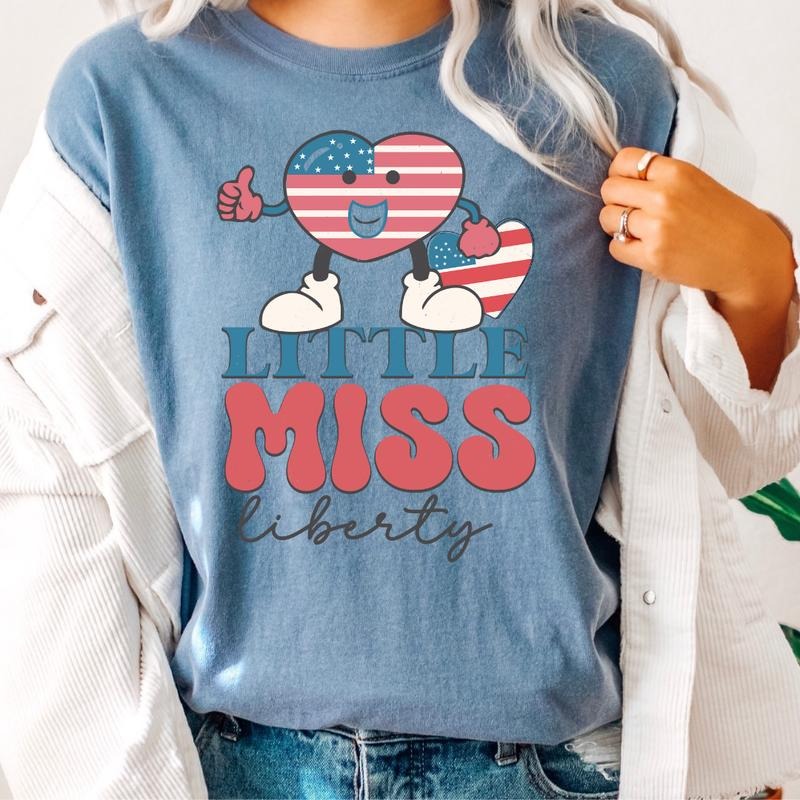 LITTLE MISS LIBERTY SHIRT, 4TH OF JULY MEN SHIRT, UNISEX COTTON SHIRT, OVERSIZED HOLIDAY SUMMER SHIRT Comfort Fabric Top Womenswear