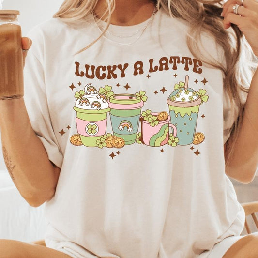 LUCKY LATTEE SHIRT (COMFORT COLORS T-SHIRT, CASUAL SHIRT UNISEX, HOLIDAY SHIRT, ST. PATTYS DAY) Comfortable Fit Top Womenswear Chic Garment