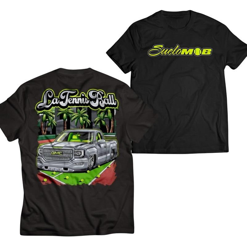 La Tennis Ball Pickup Truck Tee, Men's Car Lover T-Shirt, Automotive Graphic Tennis Shirt, Casual Apparel for Car and Tennis Enthusiasts