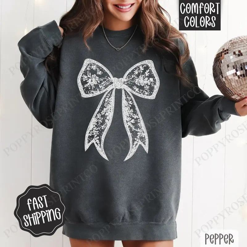 Lace Bow Comfort Colors Sweatshirt, Coquette Lace Bow Women's Crewneck, Cute Women's Sweater