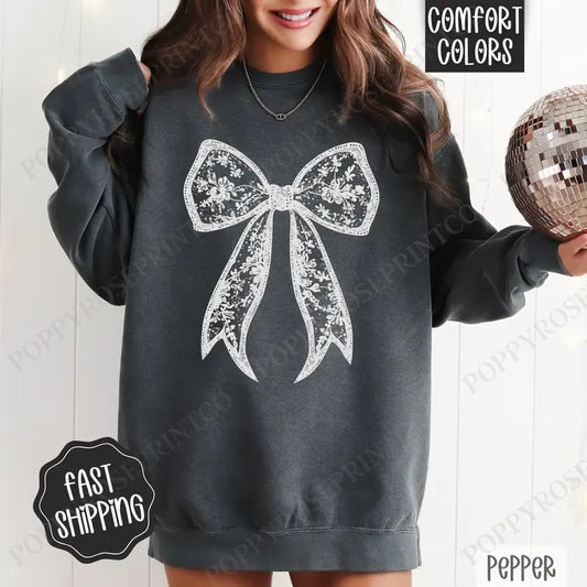 Lace Bow Comfort Colors Sweatshirt, Coquette Lace Bow Women's Crewneck, Cute Women's Sweater