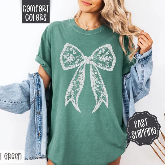 Lace Bow Shirt Comfort Colors, Coquette Lace Bow Women's Tee, Cute Women's Tshirt