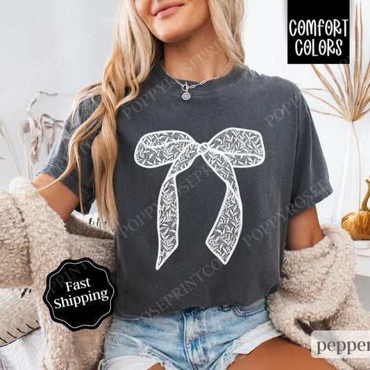 Lace Bow Shirt Comfort Colors, Coquette Ribbon Tee, Trendy Women's Tshirt