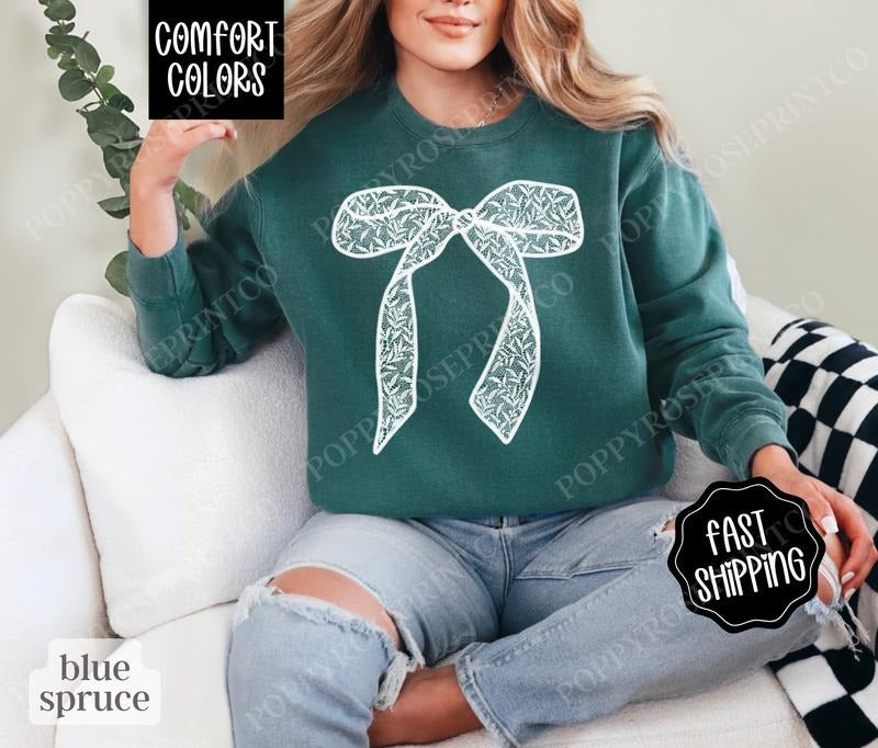 Lace Bow Sweatshirt Comfort Colors,Coquette Ribbon Crewneck,  Trendy Women's Sweater