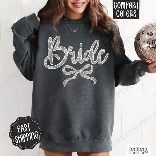 Lace Bride Comfort Colors Sweatshirt, Bridal Coquette Lace Bow Women's Crewneck, Cute Women's Sweater