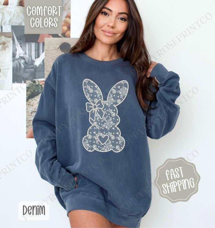 Lace Bunny Comfort Colors Sweatshirt, Cute Easter Women's Crewneck, Trendy Bunny Women's Sweater, Gift for Her
