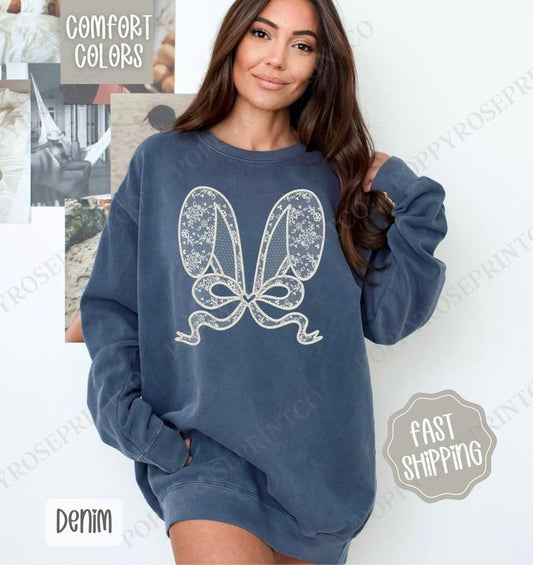 Lace Bunny Ears Comfort Colors Sweatshirt, Cute Easter Women's Crewneck, Trendy Bunny Women's Sweater, Gift for Her