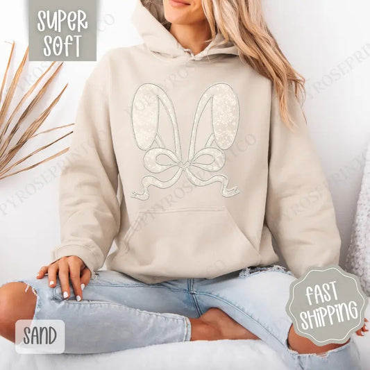 Lace Bunny Ears Hoodie, Easter Women's Crewneck, Cute Bunny Women's Hooded Sweater T-Shirts, Sweatshirt | WearSparks.com