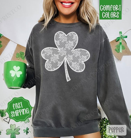 Lace Clover Comfort Colors Sweatshirt, St Patrick's Day Women's Crewneck, Cute Women's Sweater