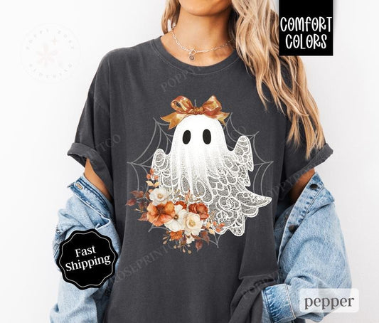 Lace Ghost Shirt Comfort Colors, Cute Halloween Shirt,  October Vibes Shirt for Women Oversized Crewneck Tee