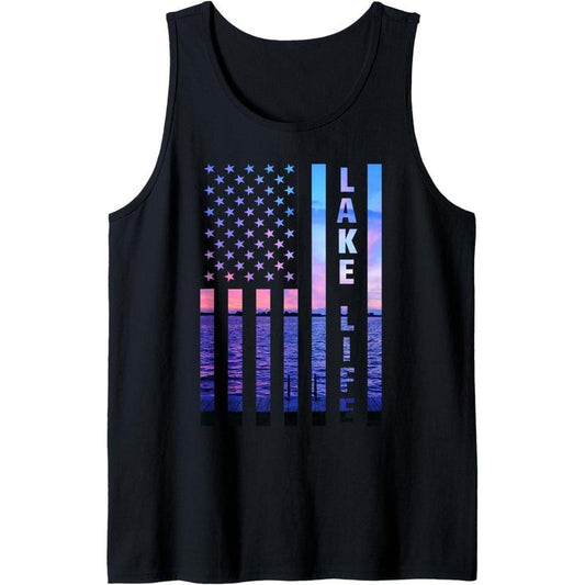 Lake Life American Flag Dock Sunset Wakeboarder Power Boat Tank Top made in USA
