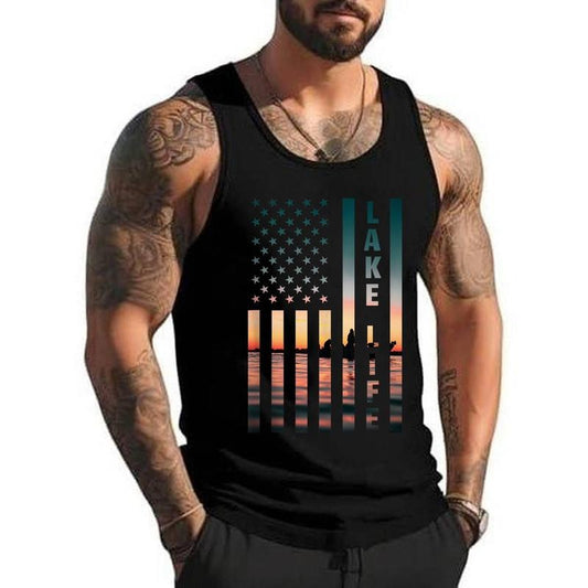 Lake Life Fisherman Sunset American Flag Bass Fishing Boat Unisex Tank Top, Cotton, Size S-3XL