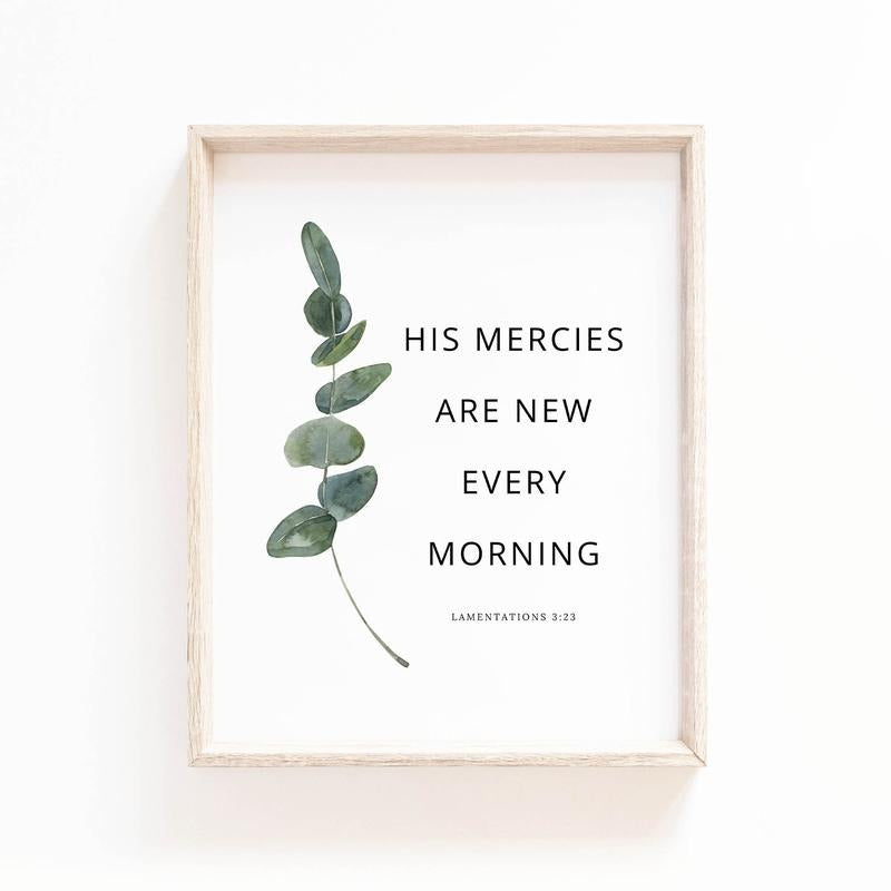 Lamentations 3:23 His Mercies Are New Every Morning, Botanical Scripture Wall Art, Christian Baptism Gift, Gifts For Men...