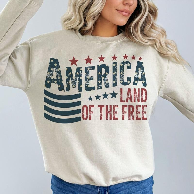 Land of the Free Sweatshirt Retro America 4th of July Crewneck USA Flag Shirt Independence Day Outfit Patriotic Top 100% Cotton