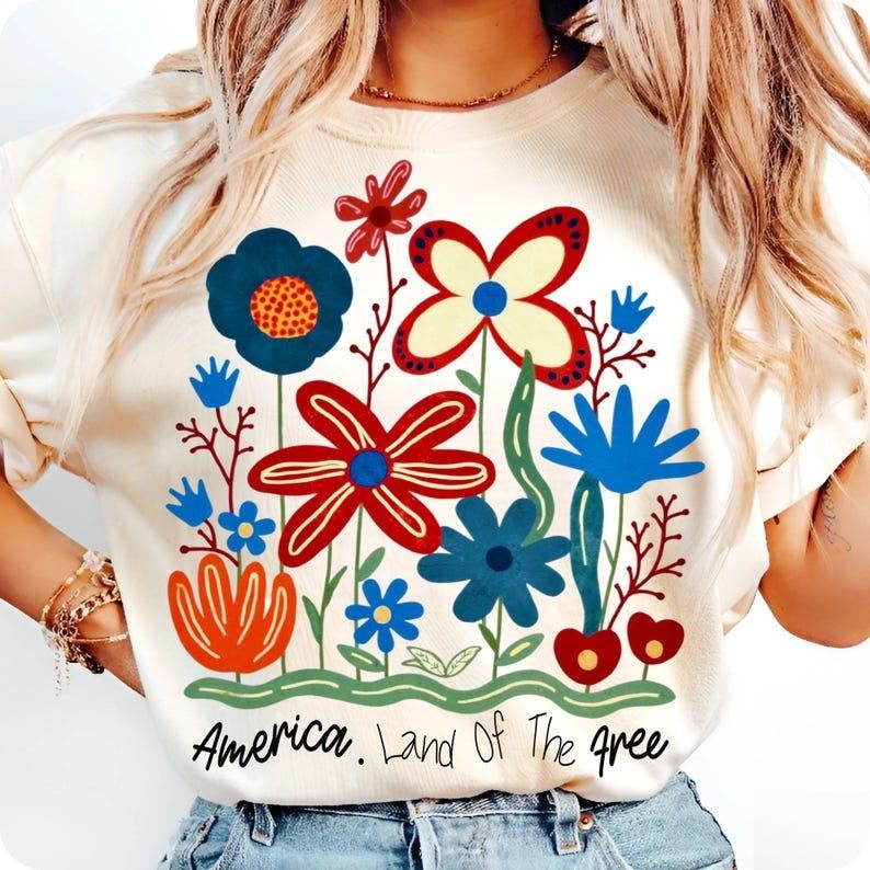 Land of the Free t-shirt, Floral America 4th of July Sublimation, USA Flag Brushstroke t-shirt, Memorial Day Patriotic Shirt