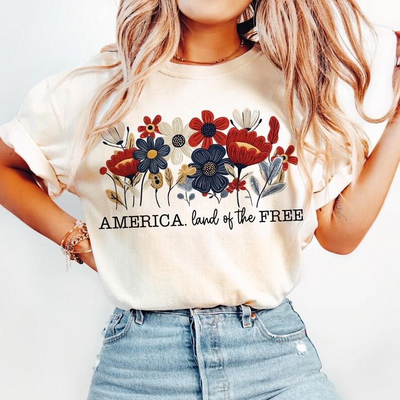 Land of the free t-shirt, Floral America t-shirt, 4th of July tshirt, Flowers America sweatshirt, America Brushstroke t-shirt,USA,4th of July, summer see