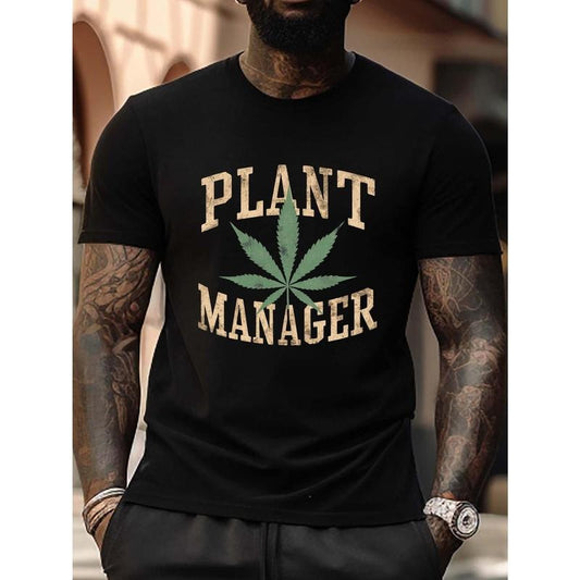 Large Men's Summer T-Shirt - Leaf PLANT MANAGER Graphic Printed, Fashionable Casual, Short-Sleeved, Suitable for Daily Life, High-Quality Fabric, Comfortable Wear Made in USA