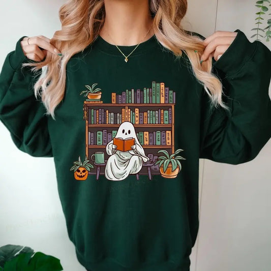 Latarshia Grant Bookish Ghost Sweatshirt - Green Cottagecore Pumpkin Crewneck with Spooky Library Design, Medium Comfortable Solid Fabric