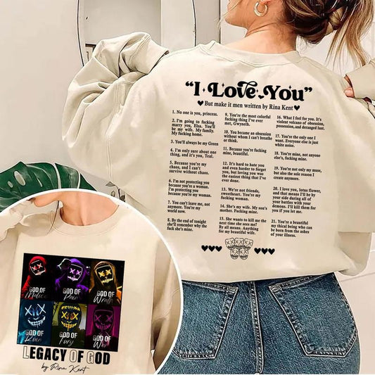 Legacy of Gods I Love You Book Quotes 2 Sides Sweatshirt for Women Dark Romance Rina Kent Merch Comfort Colors Pullover - Womenswear