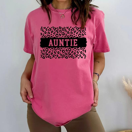 Leopard Auntie Shirt, Cool Aunt Tee, Auntie Graphic Printed Short Sleeve Tee Shirt, TiTi Cotton Fabric Comforts Shirt For Girl, Women's Tops, Womenswear, Gift For New Aunt, Cotton Fabric Relaxed Fit Chic Style