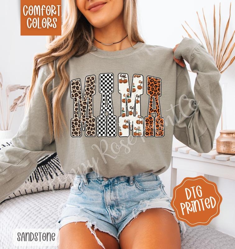 Leopard Checkered Mama Comfort Colors Long Sleeve T-Shirt, Cute Women's Graphic Tee