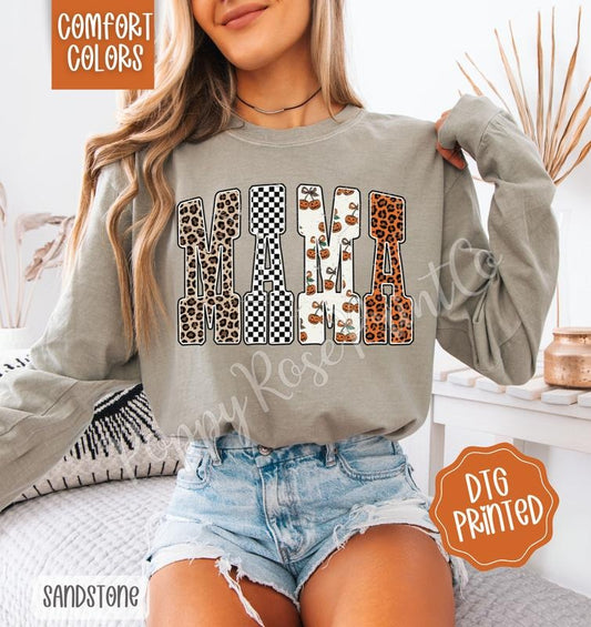 Leopard Checkered Mama Comfort Colors Long Sleeve T-Shirt, Cute Women's Graphic Tee