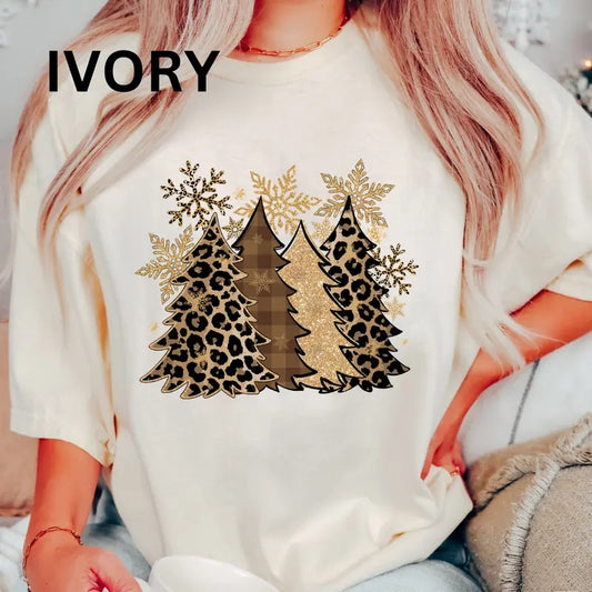 Leopard Christmas  Tree Shirt, christmas shirt Women's Oversized Christmas Shirt - Festive Printed Design - Cotton, Comfortable Casual Fit