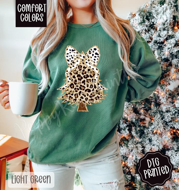 Leopard Christmas Tree Comfort Colors Sweatshirt, Trendy Women's Holiday Crewneck T-Shirts, Hoodie | WearSparks.com