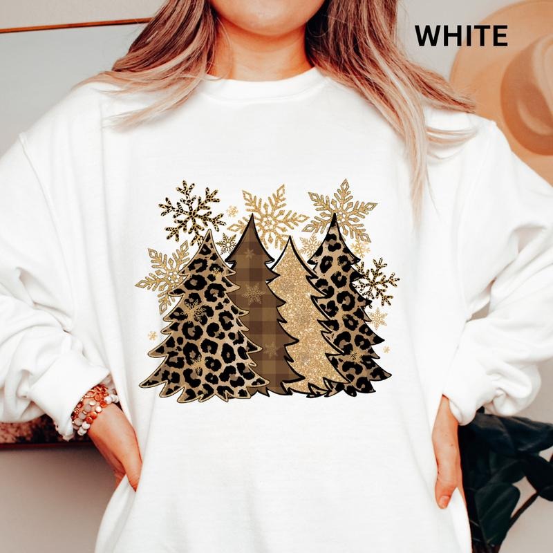 Leopard Christmas Tree Crewneck, Christmas Winter Graphic Cotton Polyester Oversized sweatshirt - Comfort Womenswear Comfortable