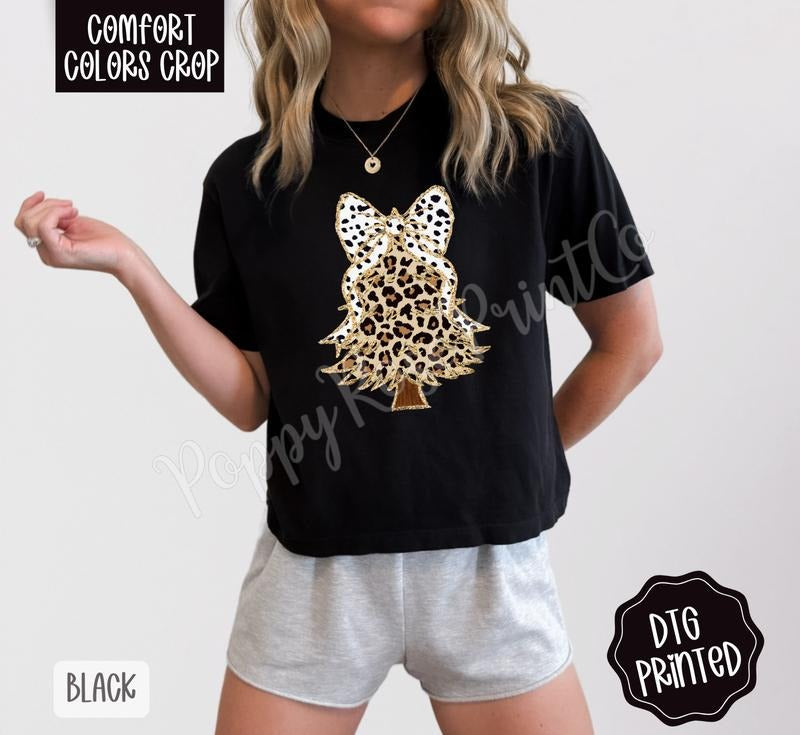 Leopard Christmas Tree Cropped Comfort Colors Tee, Trendy Holiday Tshirt for Women Hoodie, Sweatshirt | WearSparks.com