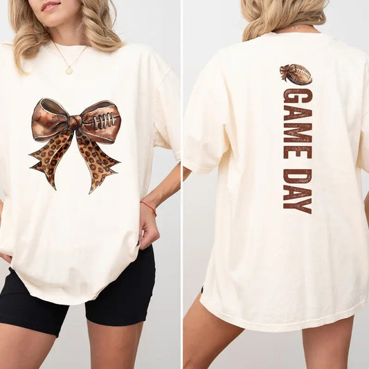 Leopard Coquette Bow Football Shirt 2-Sided, Girly Game Day Tee for Girls, Vintage Game Day Graphic Shirt, Fall Sports Tshirt for Women, Touchdown Season Tee, Oversized Women's Tops, Comfort Colors Casual Womenswear, Comfy Fabric Relaxed Fit Chic Style