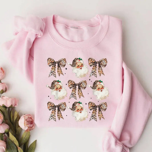 Leopard Coquette Christmas Sweatshirt, Christmas Coquette Bow Sweater, Leopard Santa Shirt, Santa Claus Sweatshirt, Leopard Bow Shirt, Trendy Santa, Retro Christmas Sweatshirt, Winter Holiday Shirt, Women Xmas Christmas Gift Shirt