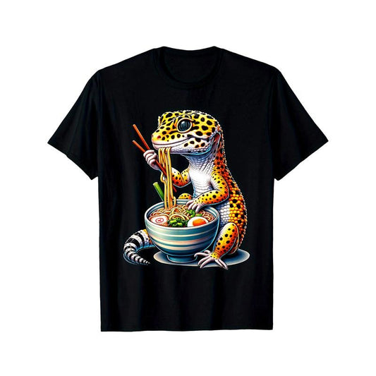 Leopard Gecko Ramen Lovers T-Shirt - Fun Cartoon Design, Yummy Noodle Bowl Graphic, Comfortable Wear for Gecko Enthusiasts made in usa