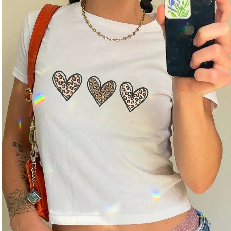 Leopard Heart Baby Tee - Valentines Day T-Shirt for Women - Cute Leopard Love Heart Outfit Casual Comfort
