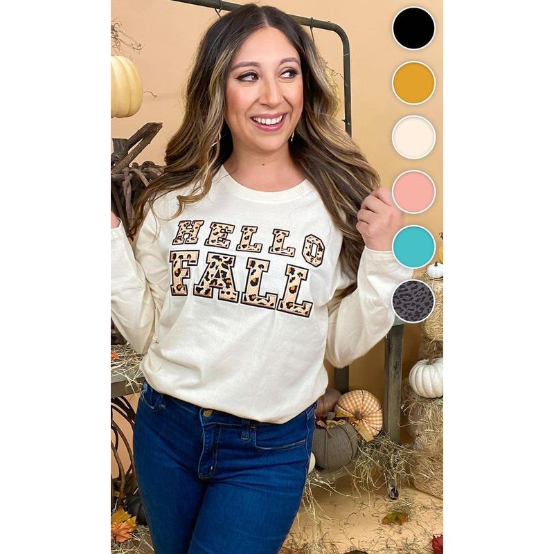 Leopard Ideal Chenille Hello Fall Graphic Boyfriend Long Sleeve T-Shirt