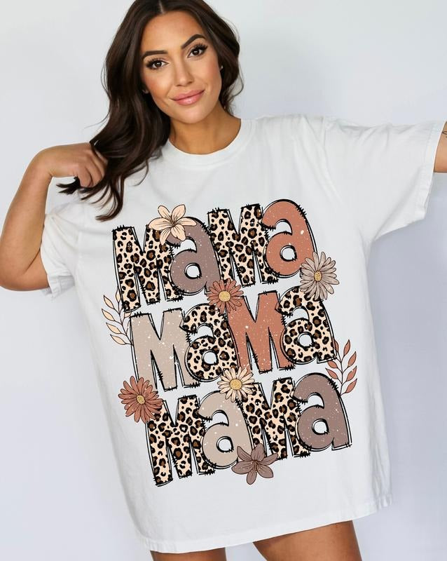 Leopard Mama Flower T-shirt, Retro Groovy Boho , Mama Shirt, Mother's Day T-shirt
