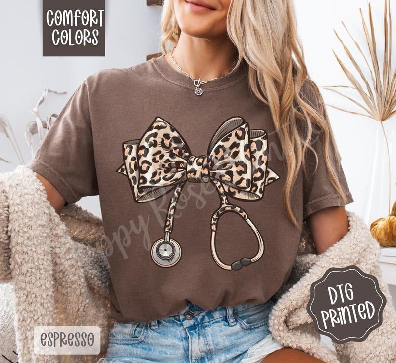 Leopard Nurse Stethoscope Shirt Comfort Colors, Women's Bow Tee